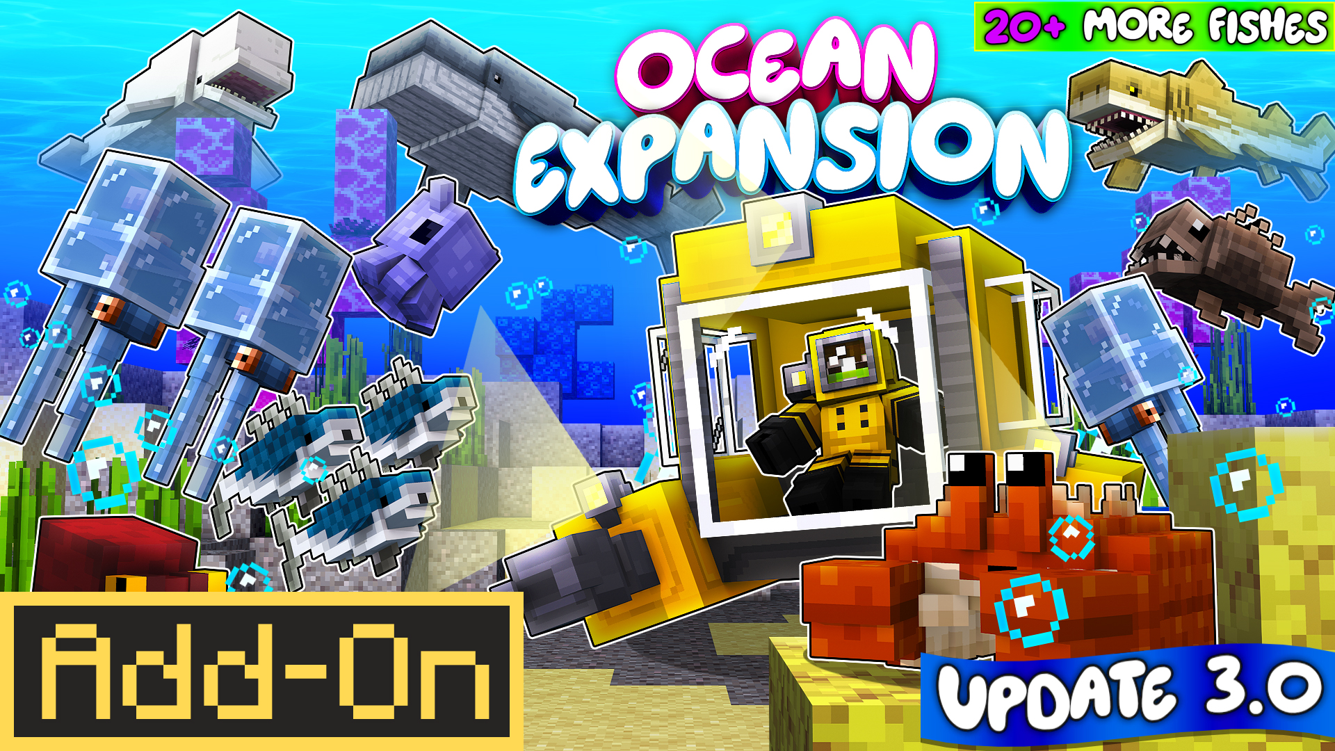 Promotional image for a Minecraft ocean add-on featuring submarines, sea creatures, underwater drones, and colorful fish in a bright ocean scene.