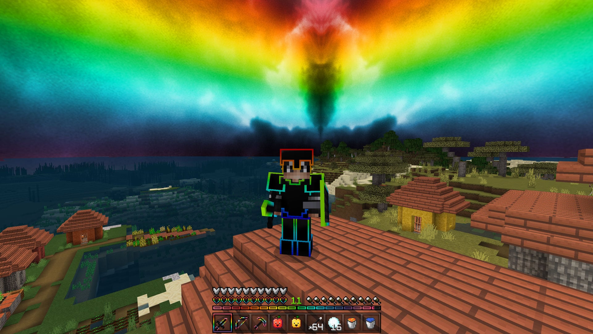 A character in colorful armor in front of a rainbow sky backdrop.