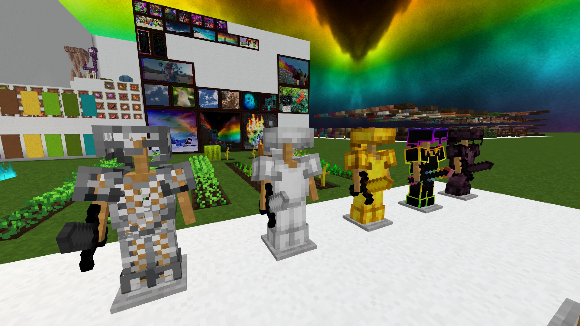 Display of animated armor sets, decorative blocks, and colorful artwork illuminated by vibrant rainbow-themed visual effects.