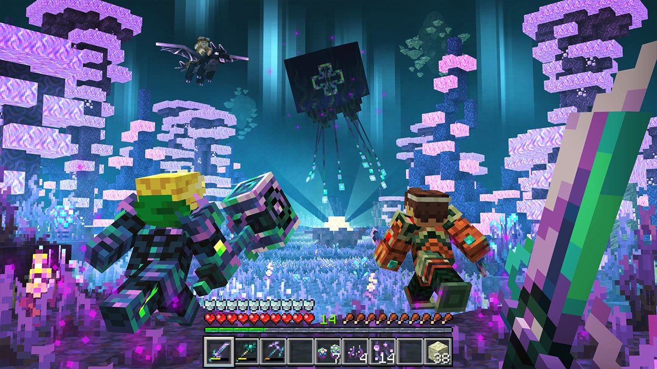 POv a person looking at a purple scene with two other characters in front of them