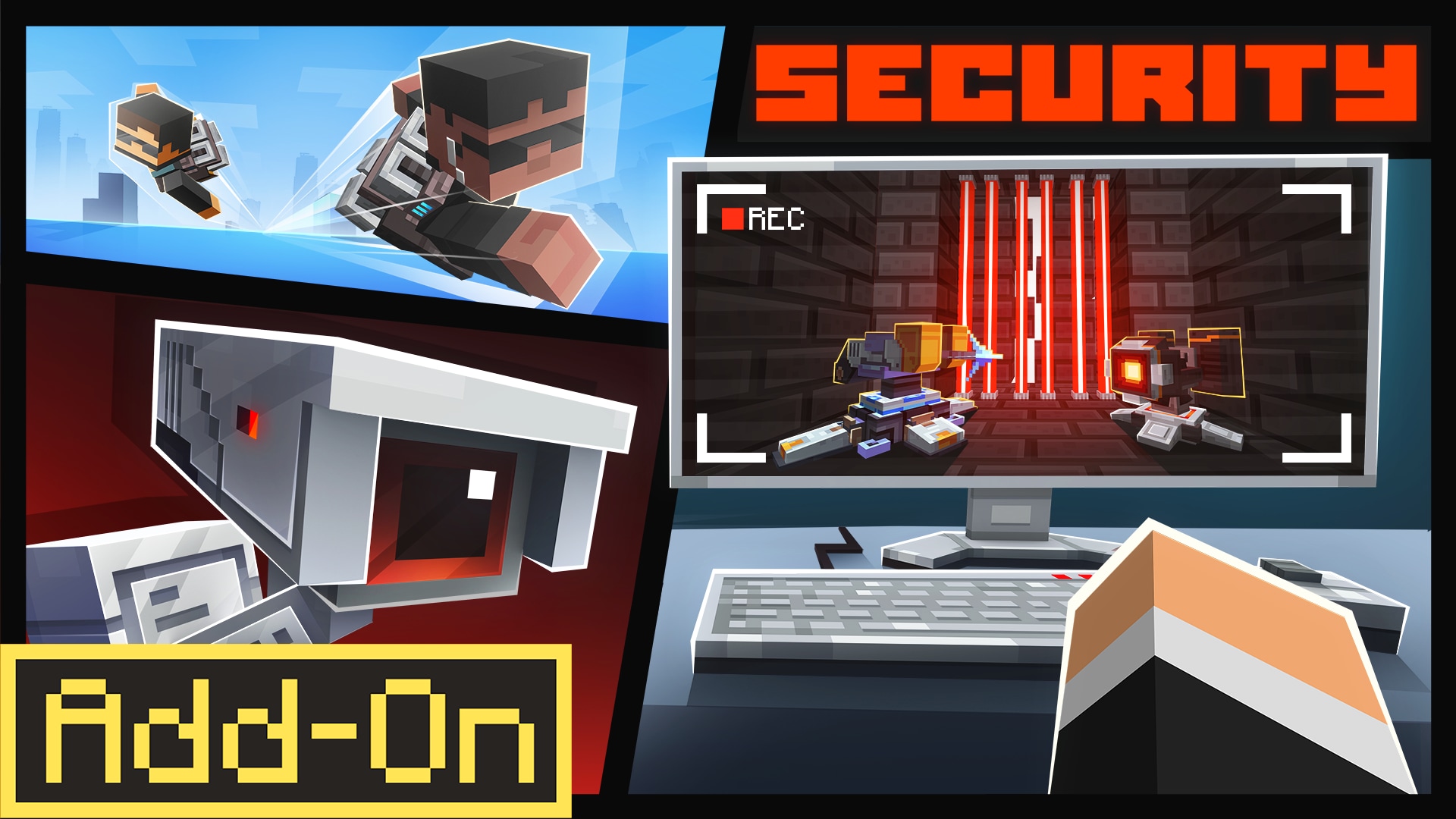 Promotional image for a Minecraft security-themed add-on with cameras, lasers, jetpacks, and surveillance monitors in futuristic scenes.