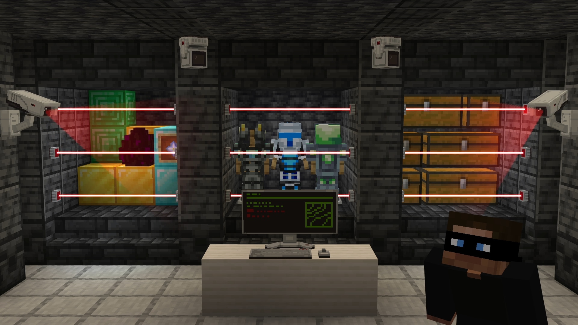 A Minecraft vault protected by laser security systems and cameras displays armors, chests, and various valuables.