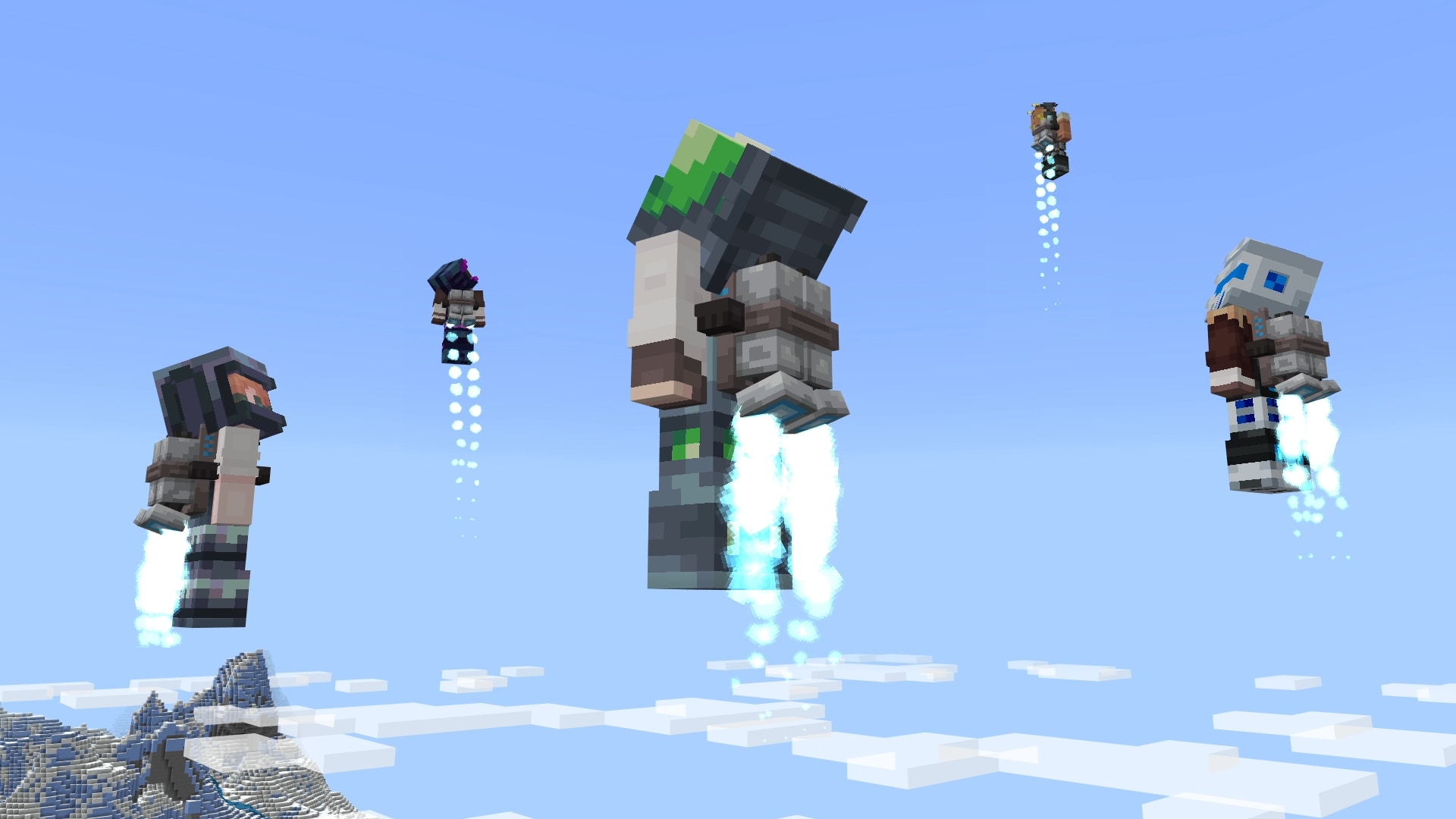 Several Minecraft characters use glowing jetpacks to fly high above snowy mountains and clouds in a bright daytime sky.