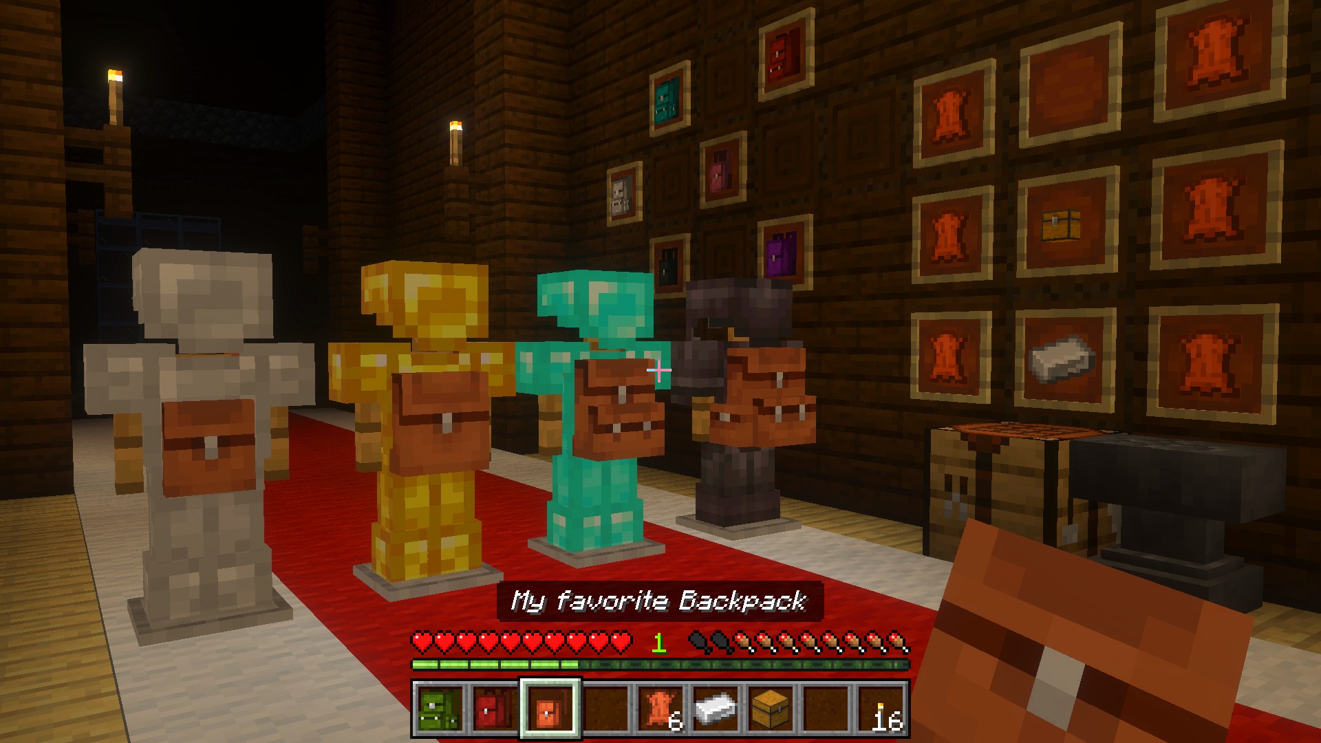 Four armor stands wearing different armor sets display brown backpacks, with framed items arranged on the wooden wall behind.