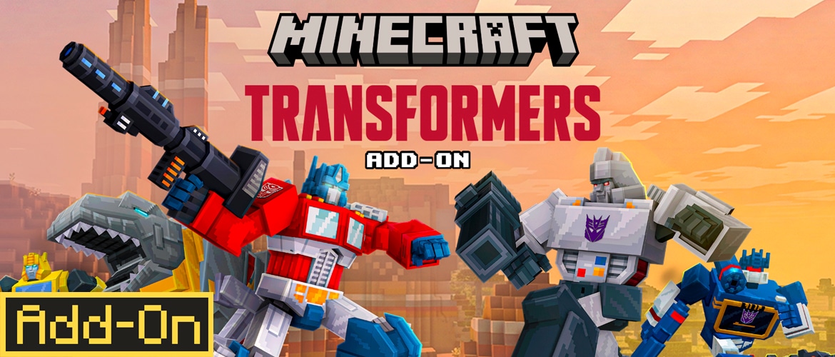 Four transformers in battle stances, including Optimus Prime and Megatron, standing in a Minecraft badlands biome.