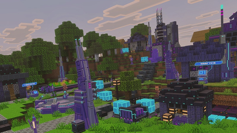 A village in Minecraft, full of purple, Transformers-based tech and structures.