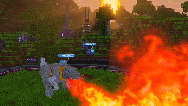 The Autobot Grimlock in his dinosaur form, breathing fire while standing in a Minecraft biome.