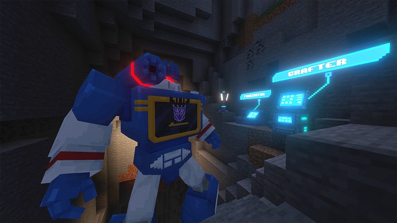 The Decepticon Soundwave, looking at an interface inside a cave in Minecraft.