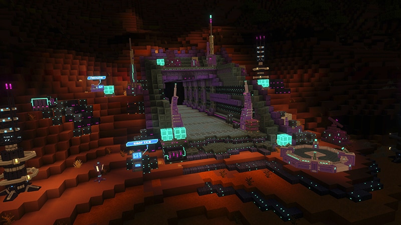 A screenshot in Minecraft depicting a badlands biome by night and a high-tech tunnel with Energon piles spread out all around it.