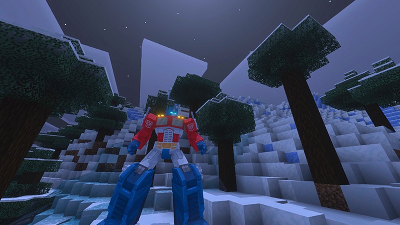 Optimus Prime, looking up at the night sky in a wintery Minecraft biome.