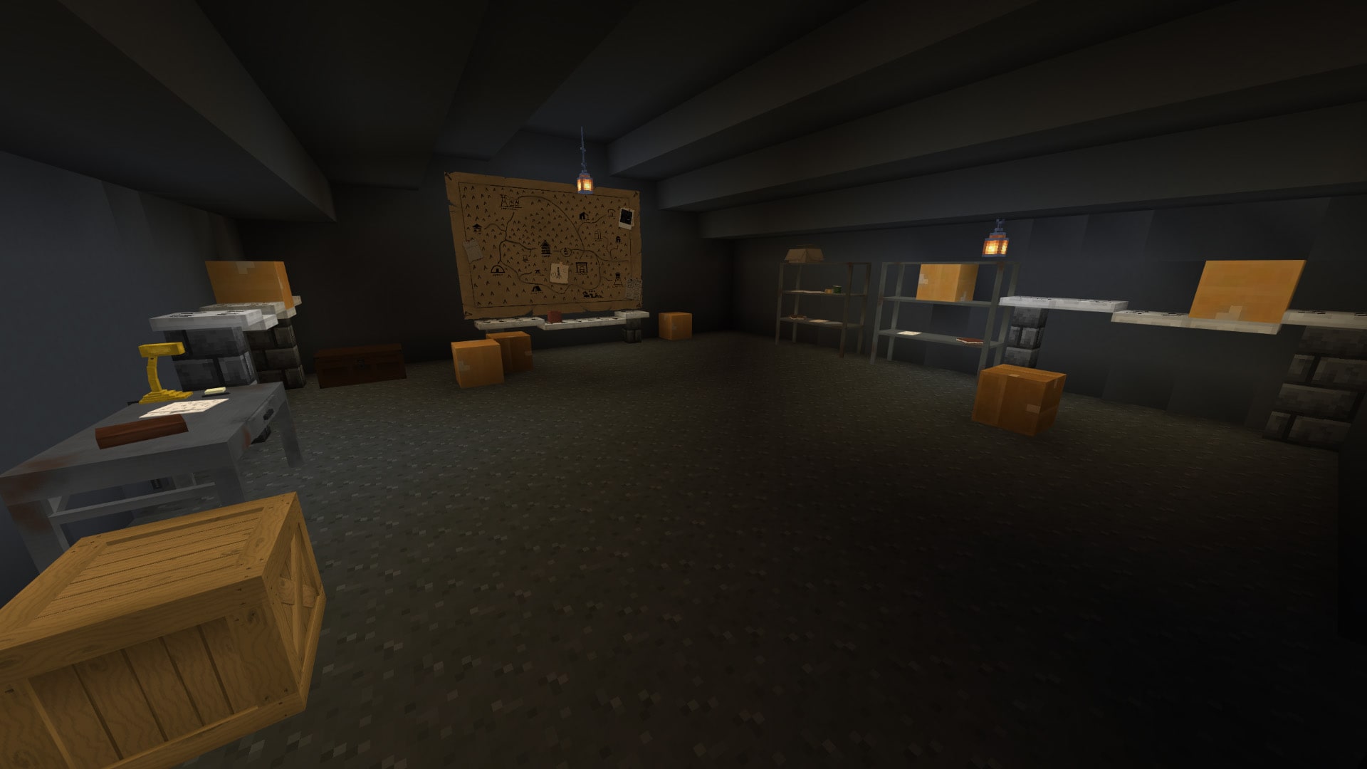 Dark basement room with map wall, crates, and dim lantern light