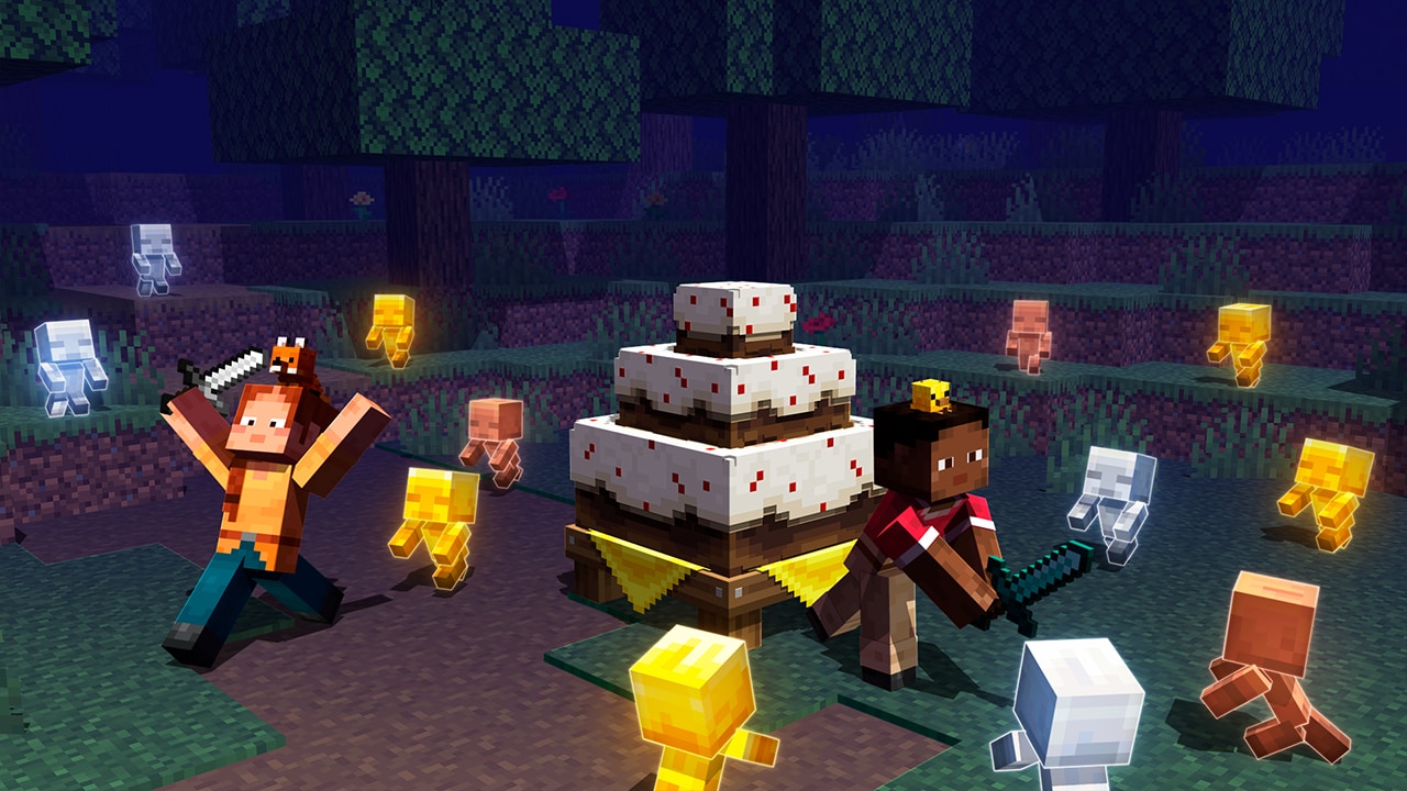 Two player characters defend a cake from baby zombies