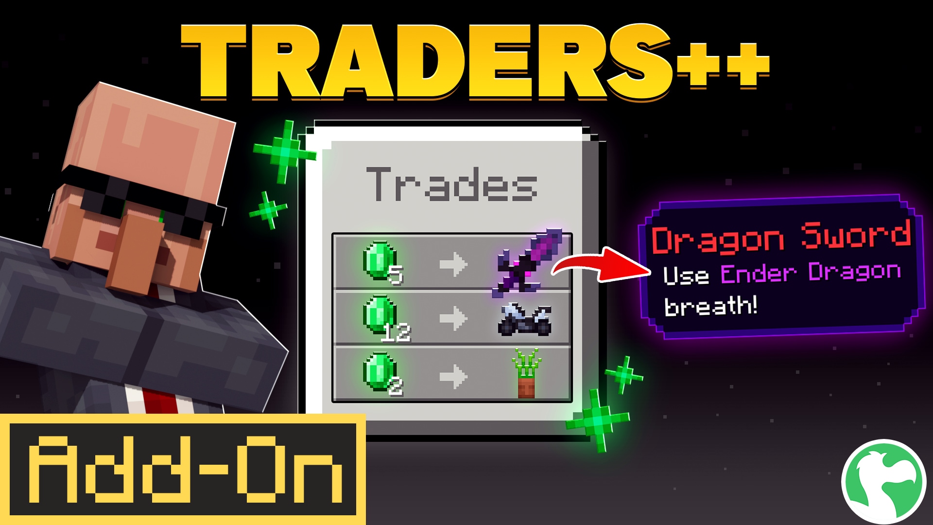 Promotional image showing a villager trader wearing a suit and sunglasses and a trading menu with custom items and rewards.