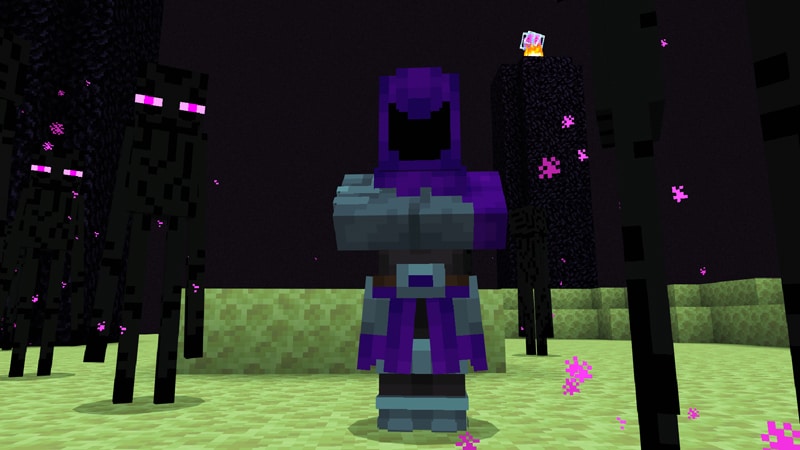 A robed trader stands among Endermen in the End dimension, surrounded by purple particles.