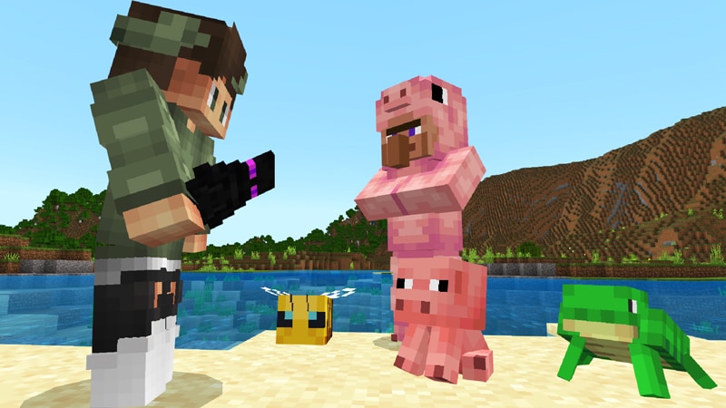 Promotional image showing a villager trader and a trading menu with custom items and rewards.
