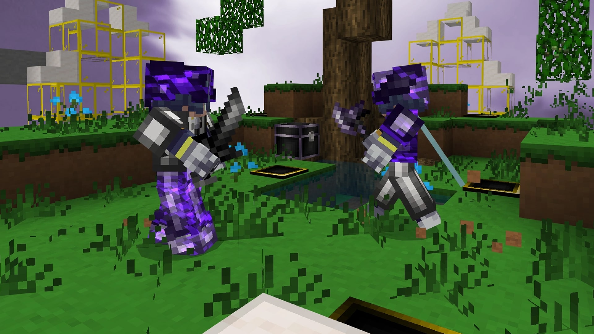 Two purple warriors facing each other with weapons drawn.