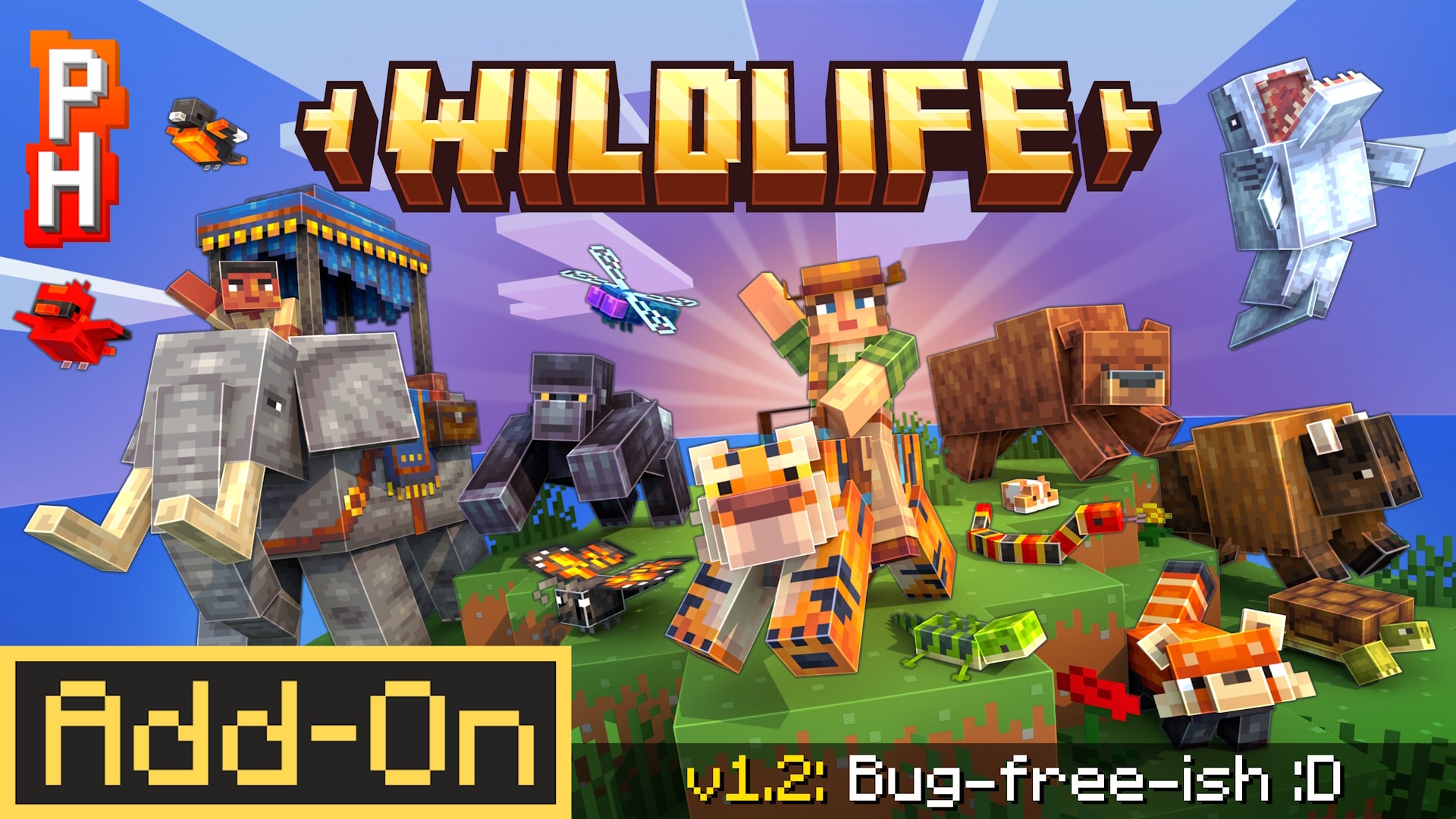 Promotional image for a Minecraft wildlife add-on featuring elephants, gorillas, red pandas, capybaras, birds, and insects.