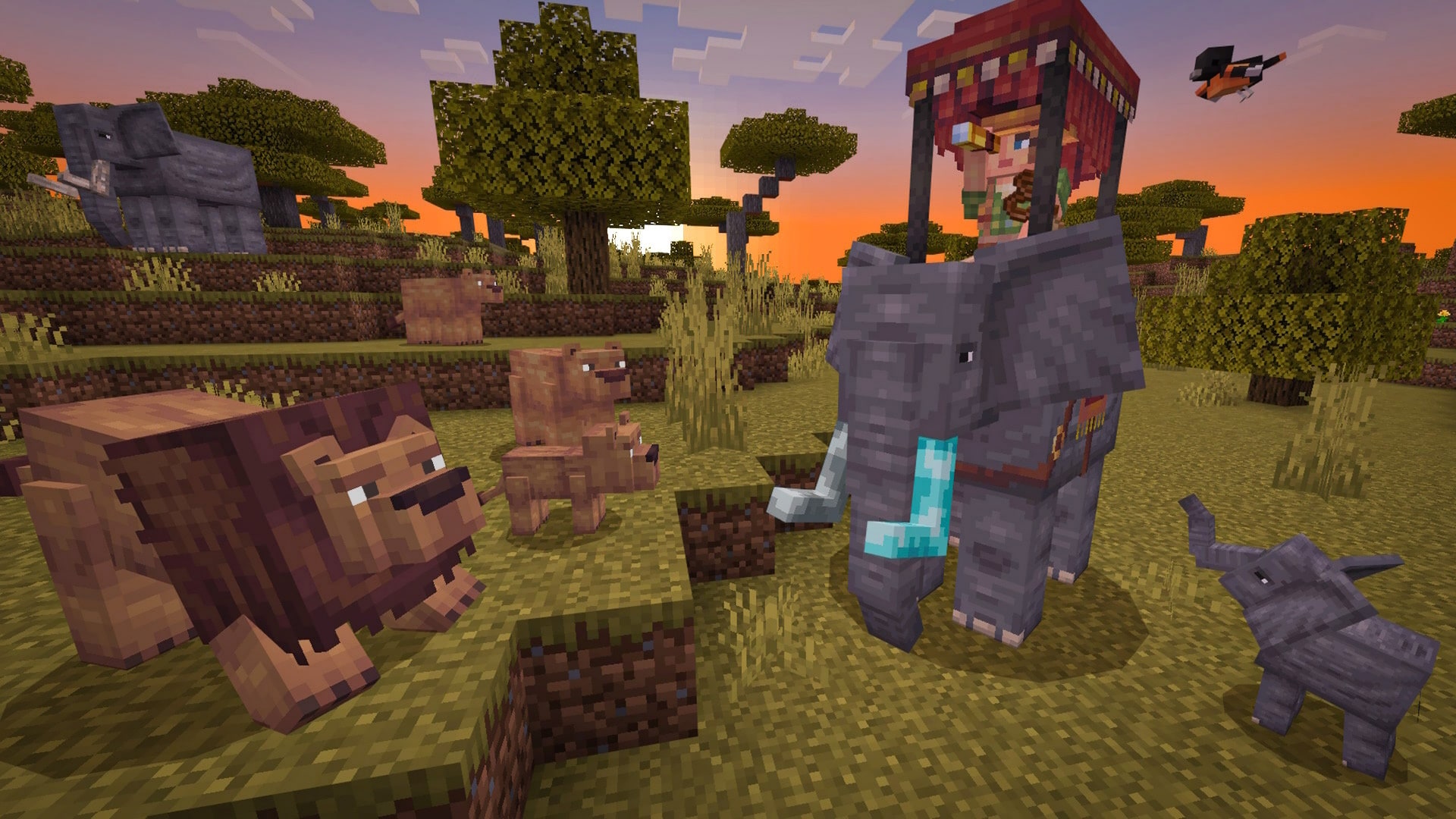 A Minecraft character rides an elephant through a savanna biome surrounded by capybaras, birds, and scattered acacia trees.