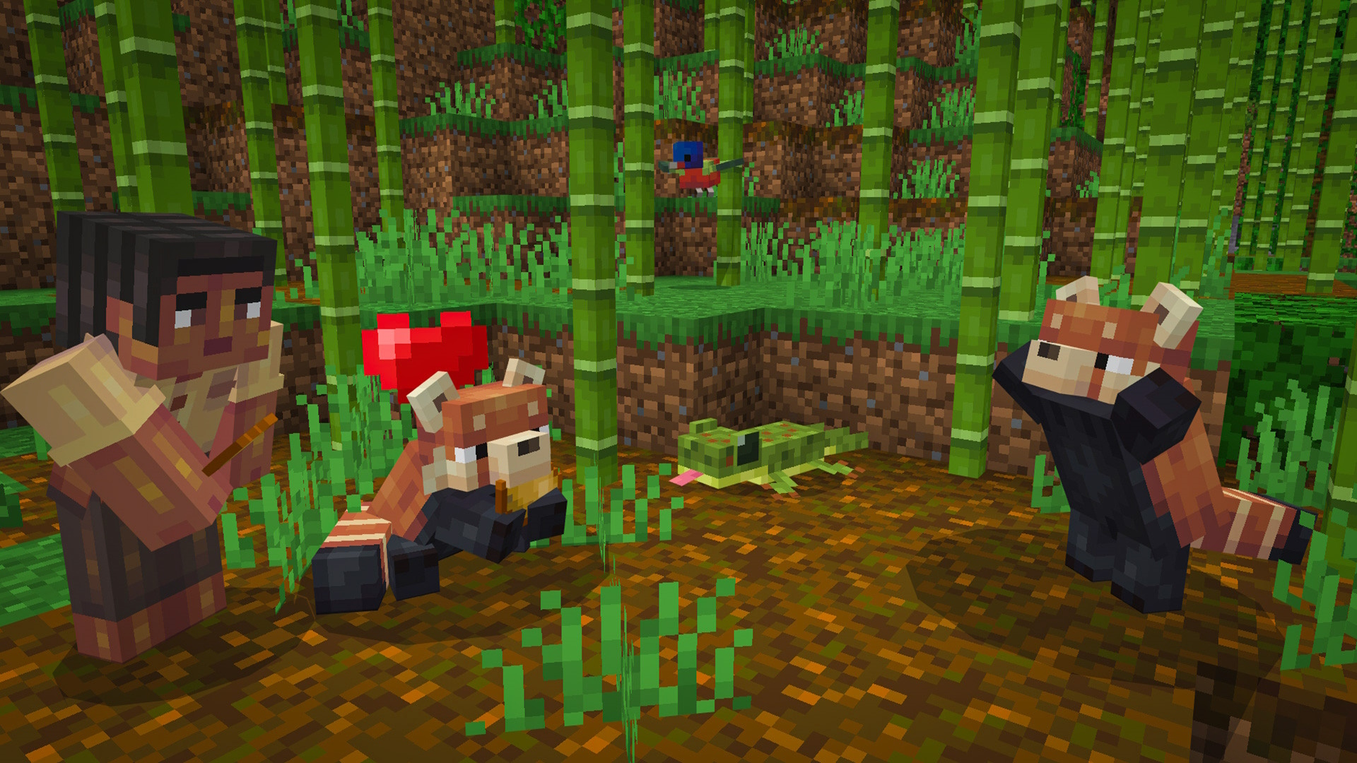 A Minecraft player feeds red pandas in a bamboo forest while a frog and colorful bird rest nearby among dense greenery.