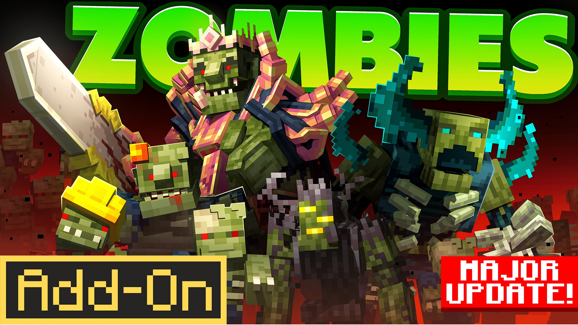 Promotional image for a Minecraft zombie add-on showing armed zombies and undead creatures charging through a dark red battlefield.
