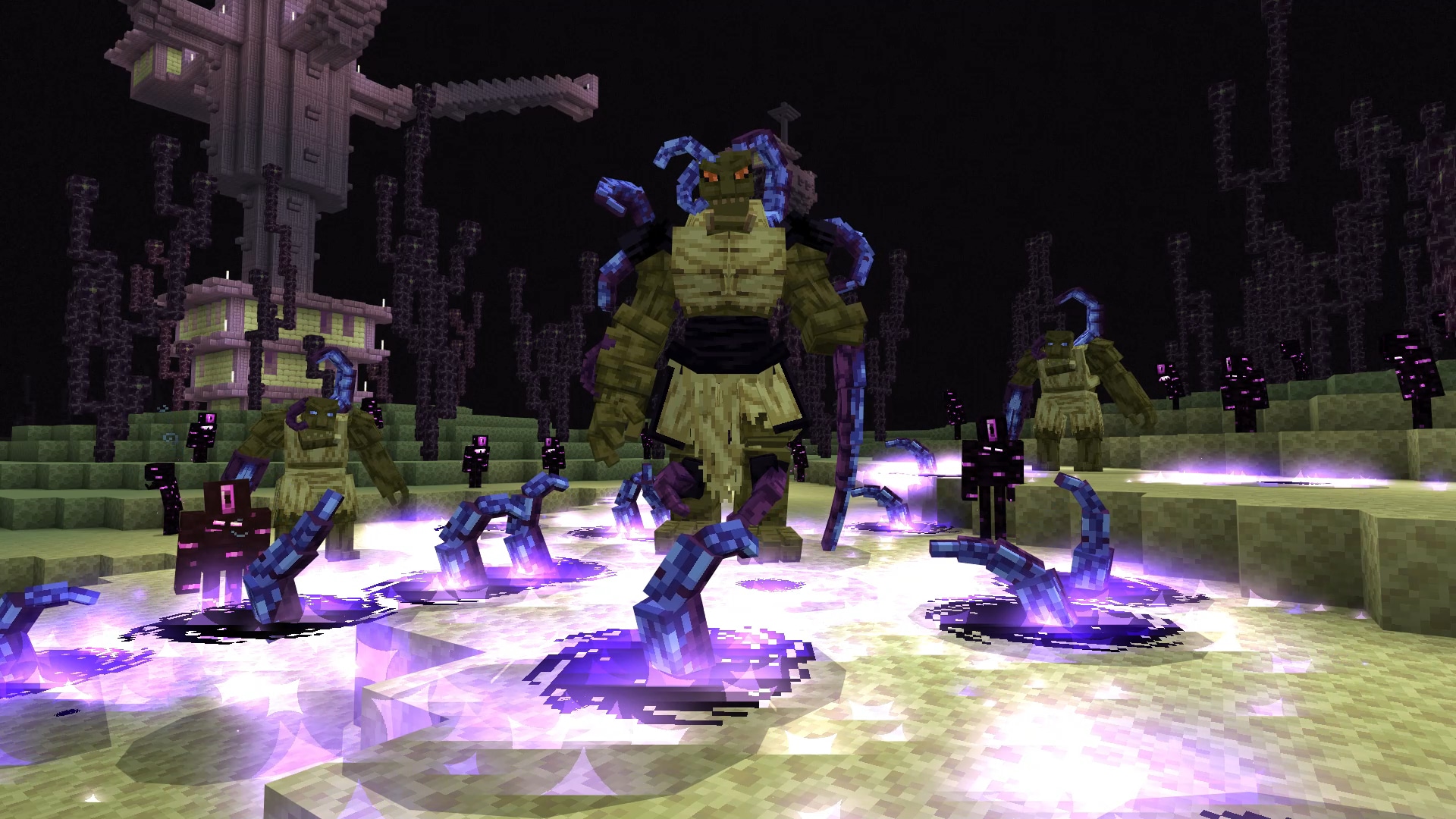 Large zombie-like monsters and glowing tentacles emerge in the End dimension while Endermen stand nearby beside an End City.