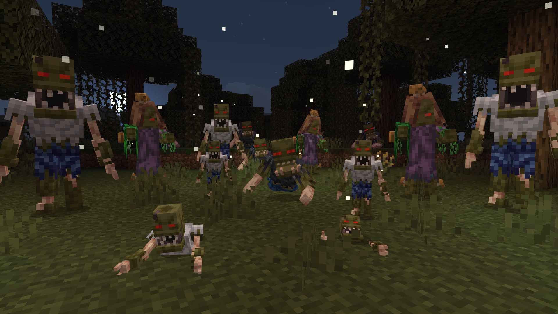 Promotional image for a Minecraft zombie add-on showing armed zombies and undead creatures charging through a dark red battlefield.