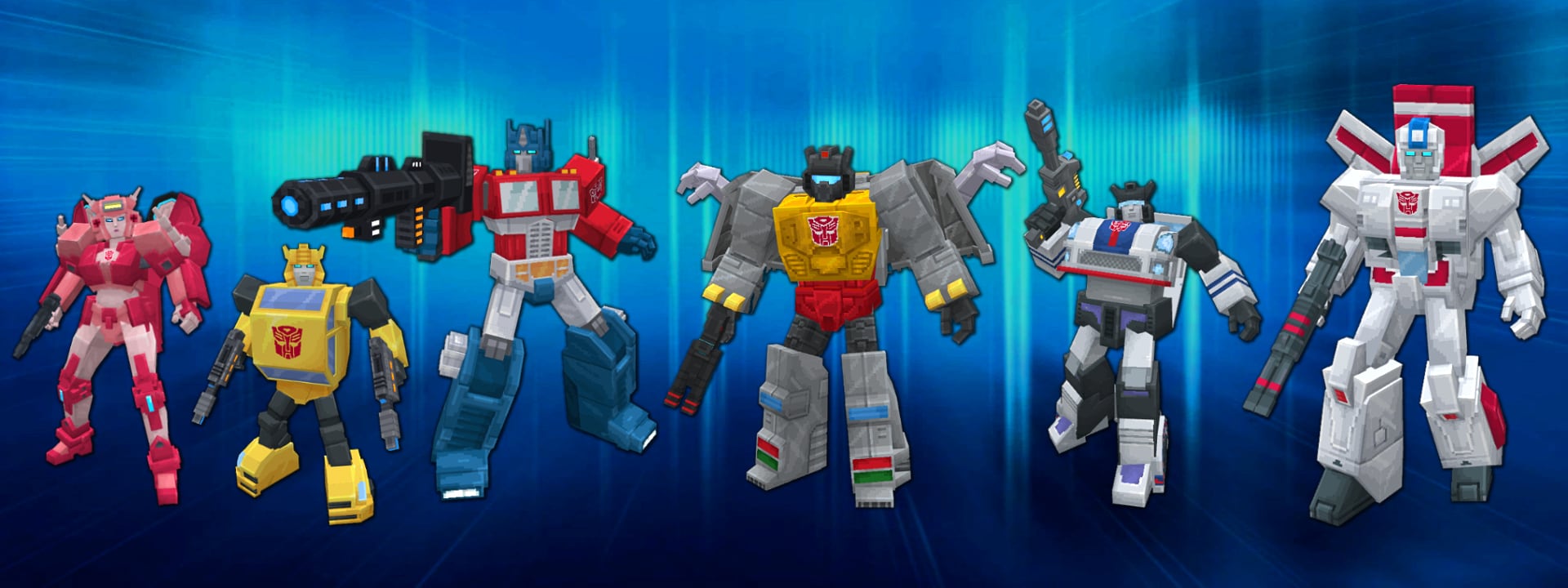 Six Autobots standing in line on top of a blue background.