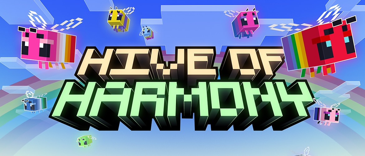 The title “Hive of Harmony” is surrounded by colorful Minecraft bees soaring across a blue sky with clouds and a rainbow backdrop.