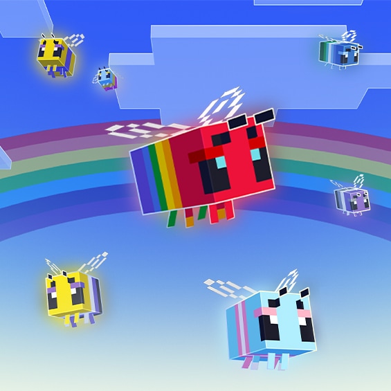 Rainbow-themed Minecraft bees fly through a bright blue sky above a rainbow, with a large red-and-rainbow bee centered among colorful companions.
