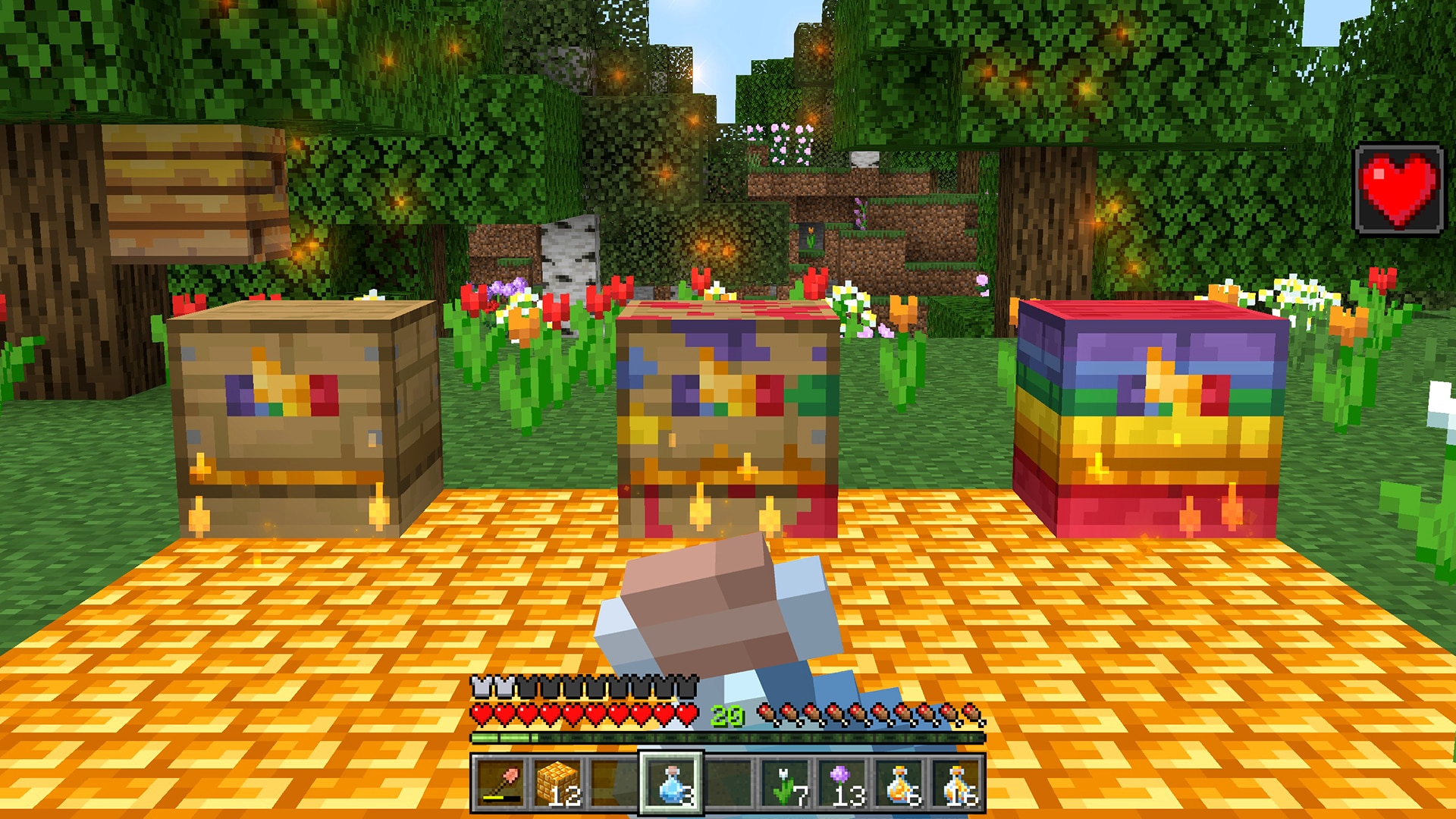 A Minecraft player holds a bottle near colorful beehives in a flower-filled forest, with glowing particles and a heart icon visible.
