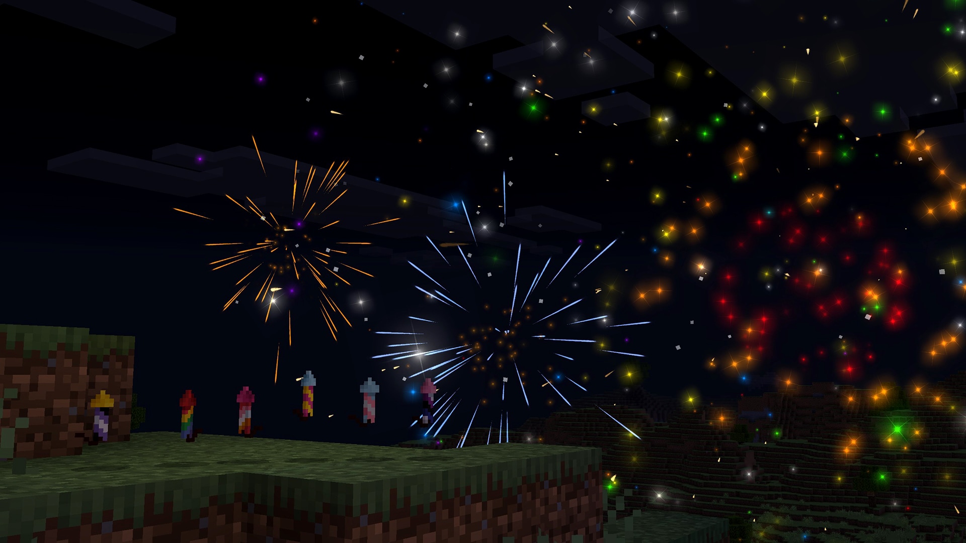 Fireworks burst across a night sky above a Minecraft landscape, while colorful rockets stand ready on a grassy hilltop.