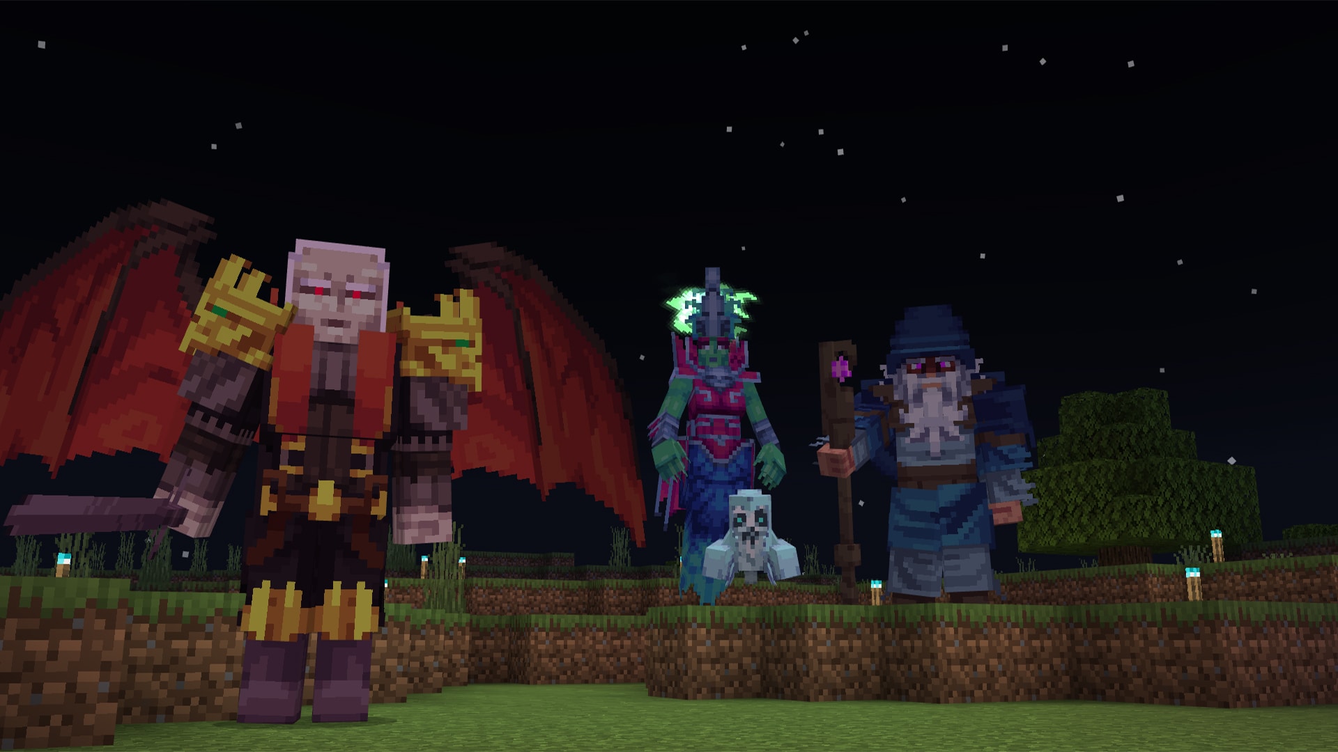 A collection of fantasy monsters includes dragons, giants, armored figures, beasts, and other mobs.