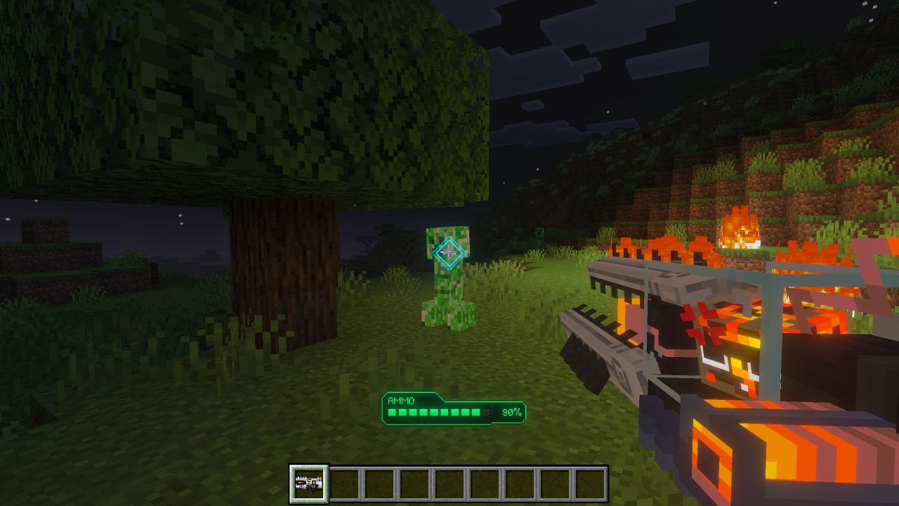 A player aims a futuristic blaster at a creeper in a grassy Minecraft landscape at night, with a targeting reticle on screen.