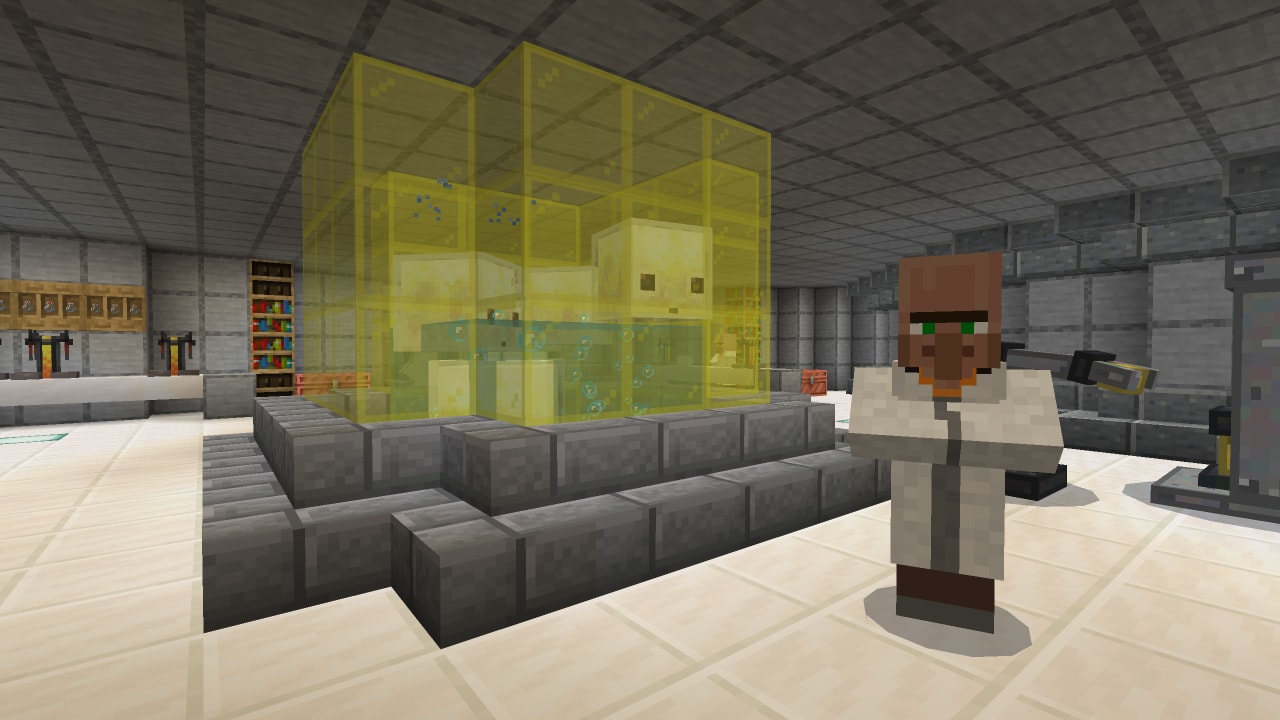 A scientist villager stands beside a test chamber filled with sulfur cubes inside a laboratory.