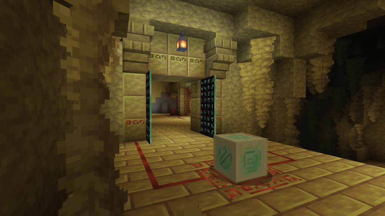 An underground chamber made of sulfur with a large open door, hanging lanterns, and a sulfur cube resting on a marked area on the ground..