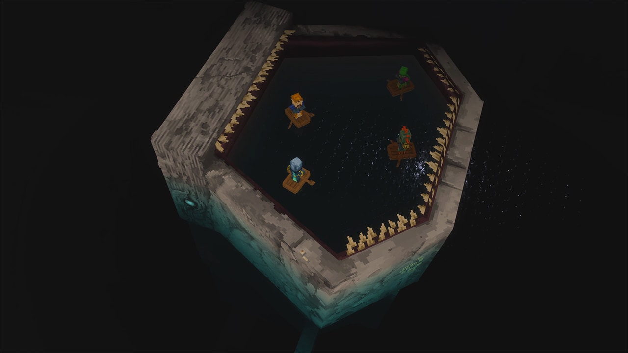 Four player characters floating in boats getting engulfed by a giant sea creature.