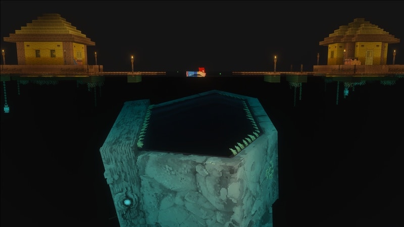 A giant sea creature swims upwards towards a player that is swimming near a village.