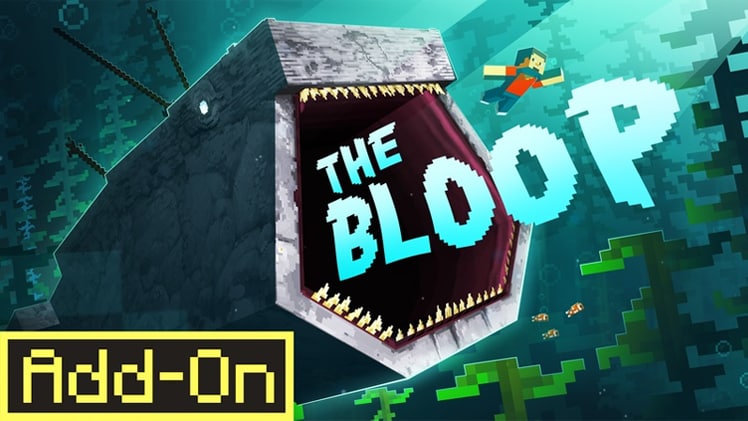 A giant cube-shaped sea creature opens a massive tooth-lined mouth underwater while a player swims nearby. The words “THE BLOOP” appear beside it.