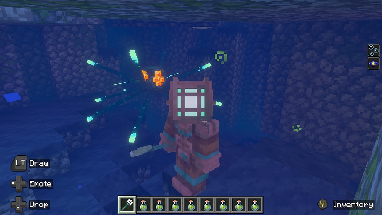 An armored diver explores underwater ruins with a trident while a glowing deep-sea creature floats behind them in the shadows.