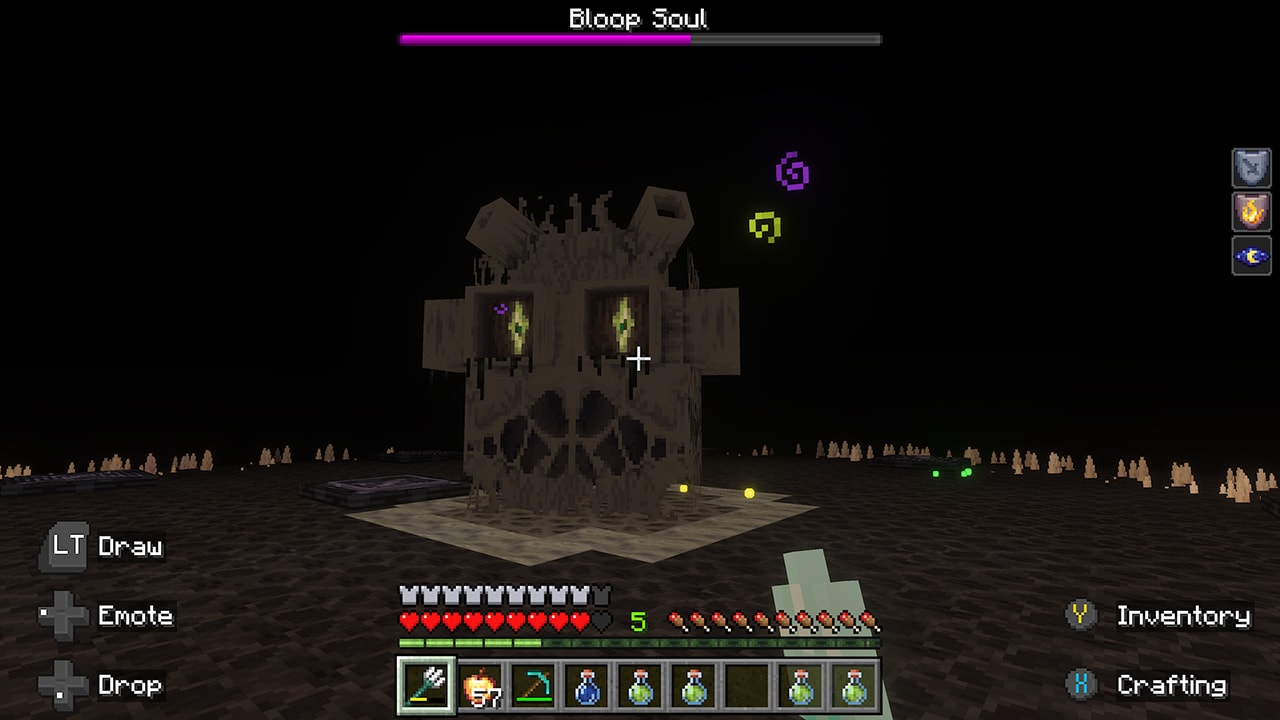 A boss called Bloop Soul rises from the darkness, its skull-shaped form glowing with green eyes in a shadowy arena.