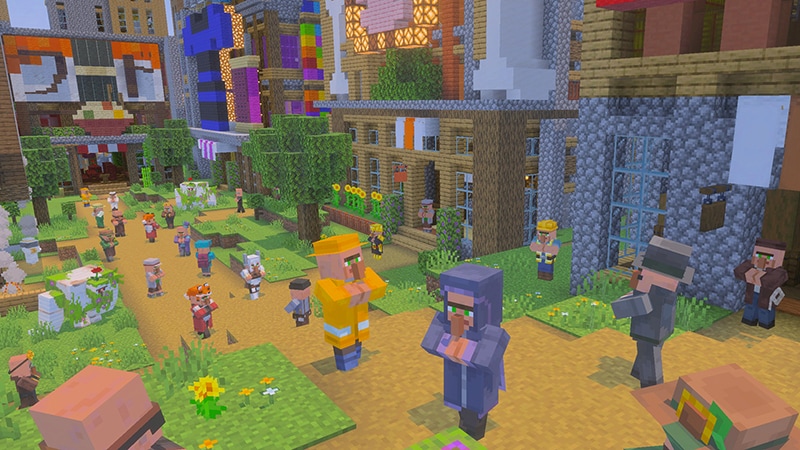 Various villagers walking through a sprawling city.