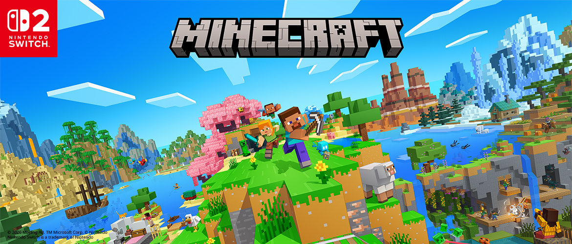 Minecraft artwork showing two characters running across a grassy landscape with a sheep, cherry blossom trees, water, and distant rocky terrain.