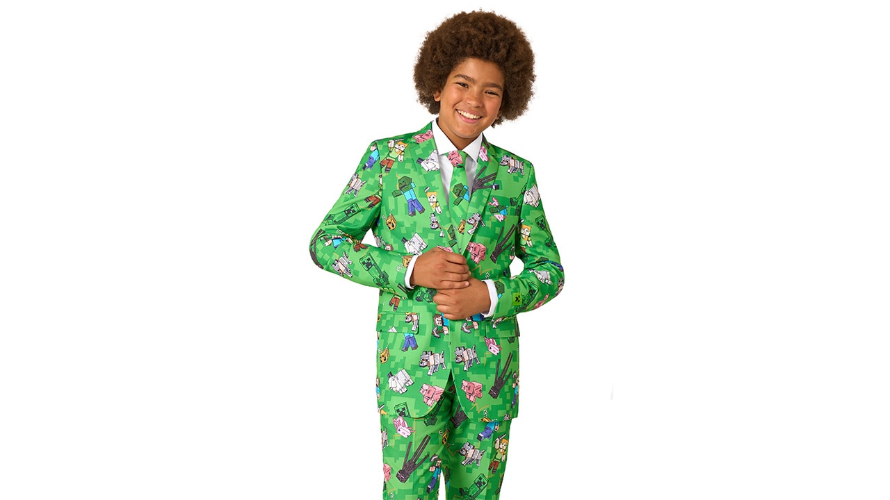 Teen boy wearing a Minecraft suit