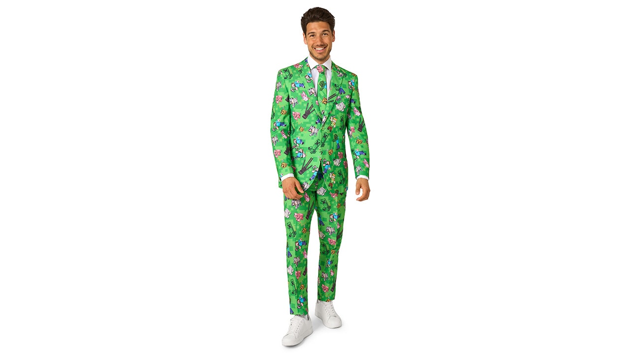 Adult wearing a Minecraft suit
