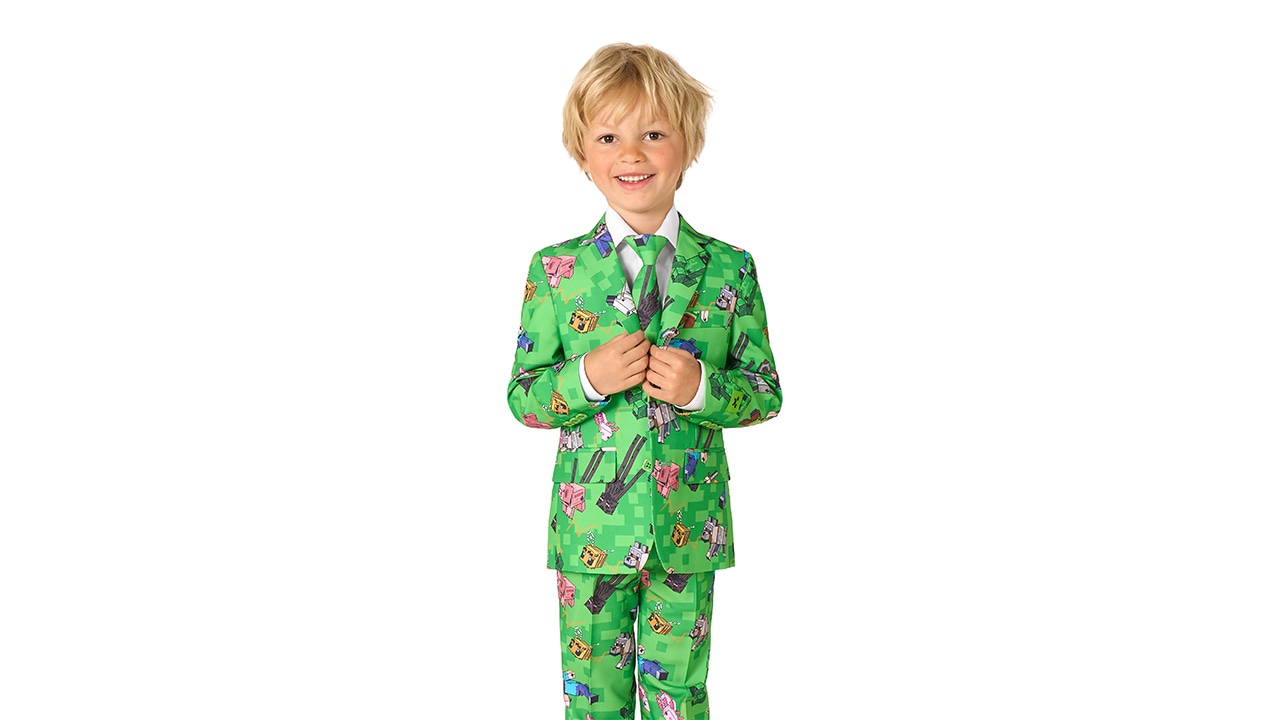 Kid wearing a Minecraft suit