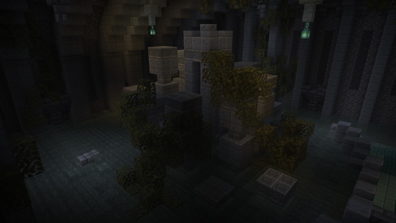 A dark swamp-like environment with a building in the middle, resembling some form of temple.
