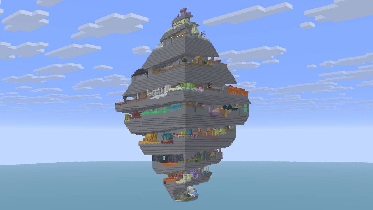 A floating layered mountain shaped like a diamond, packed with colorful themed zones