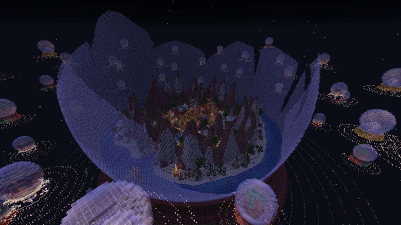 A glowing settlement inside a shattered sphere in space.
