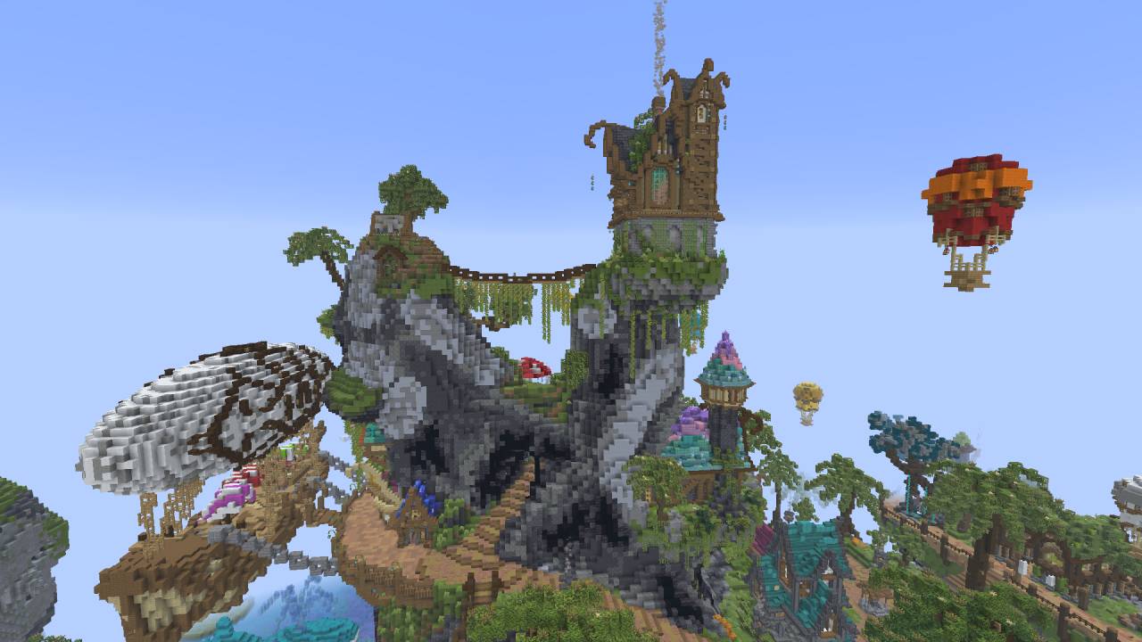 A floating fantasy island with tower, bridges, and airships
