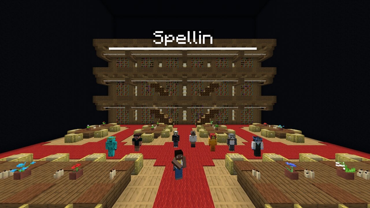 A library hall with bookshelves and players lined on stage.